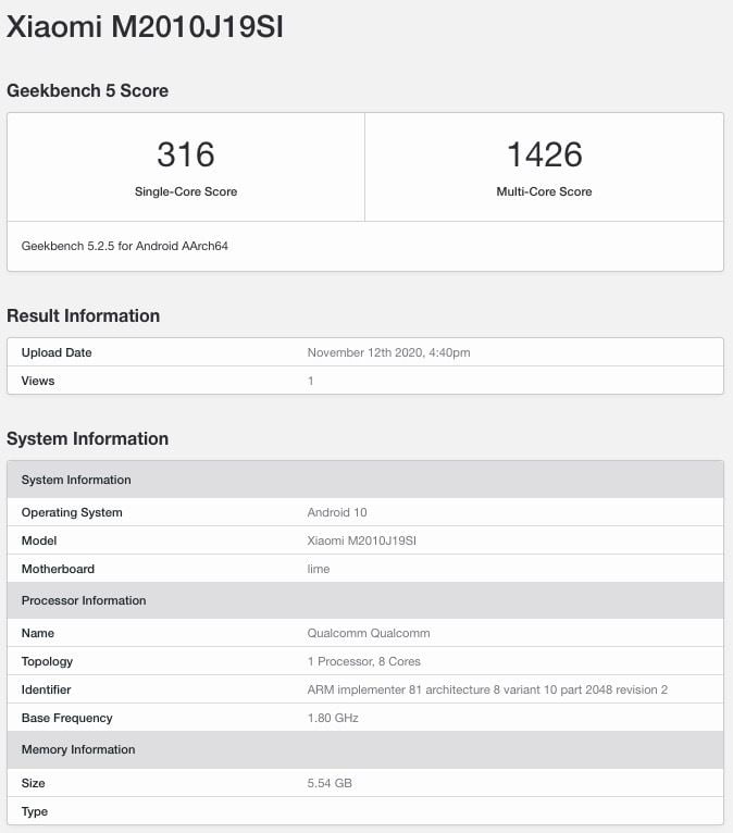 Xiaomi Redmi Note 10 4G on Geekbench